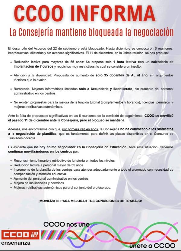 CCOO Informa: La Consejería mantiene bloqueada la negociación
