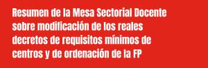 Resumen de la Mesa Sectorial Docente sobre modificación de los reales decretos de requisitos mínimos de centros y de ordenación de la FP