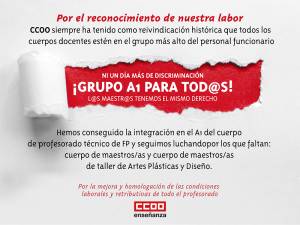 CCOO pide la integración en el grupo A1 de maestros/as y maestros/as de taller de Artes Plásticas y Diseño