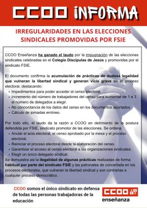 Laudo favorable a CCOO ante las irregularidades en las elecciones sindicales del Colegio Discípulas de Jesús de León promovidas por FSIE