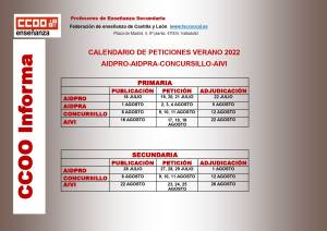Calendario previsto para los procesos del verano 2022