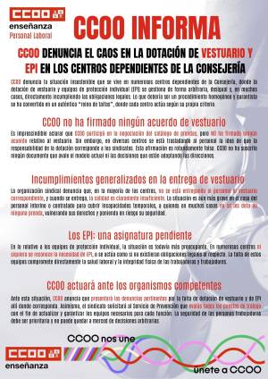 CCOO denuncia el caos en la dotación de vestuario y EPI en los centros dependientes de la Consejería