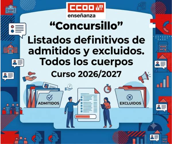 "Concursillo". Curso 2026 / 2027. Listados definitivos de admitidos y excluidos. Todos los cuerpos.