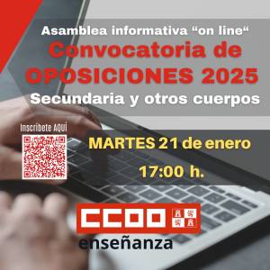 Asamblea informativa &quot;on line&quot;. Convocatoria de OPOSICIONES 2025. Secundaria y otros cuerpos