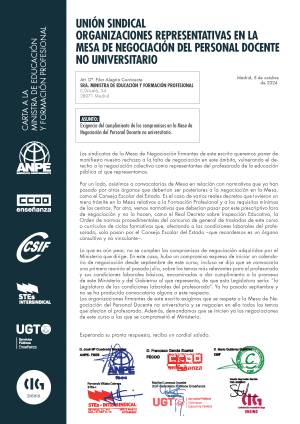 Las organizaciones representativas en la Mesa de Negociación del Personal Docente No Universitario exigen el cumplimiento de los compromisos