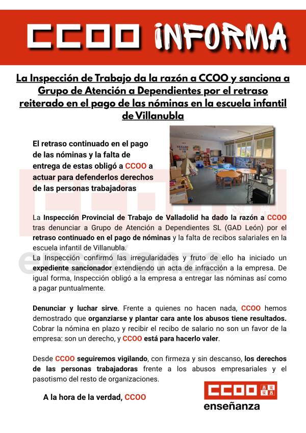 La Inspección de Trabajo da la razón a CCOO y sanciona a Grupo de Atención a Dependientes por el retraso reiterado en el pago de las nóminas en la escuela infantil de Villanubla