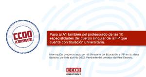 El paso del PTFP al A1 será solo presentando la titulación y también para las 10 especialidades del cuerpo singular